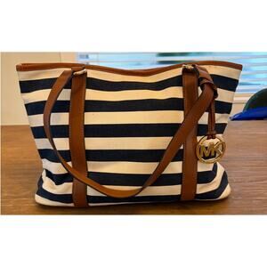 Michael Kors Striped Canvas Tote Bag Navy White Brown Leather Shoulder Bag
